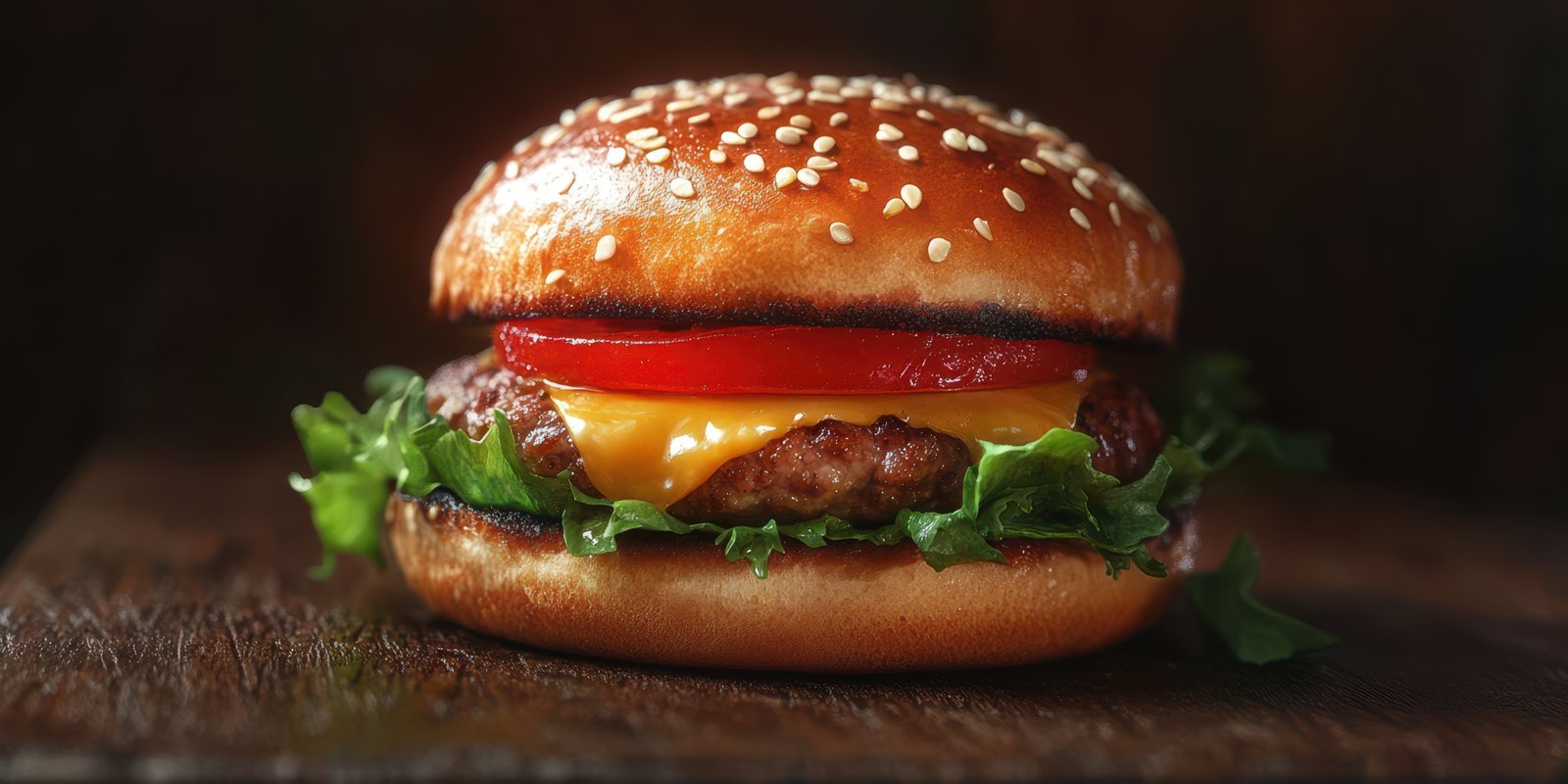 Juicy burger with lettuce, tomato, and cheese served on a toasted sesame seed bun in a rustic setting